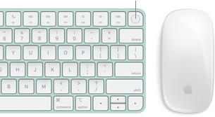 Hình ảnh cận cảnh nhìn từ trên xuống của Magic Keyboard với Touch ID, bên cạnh Magic Mouse.