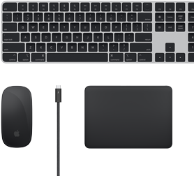 Hình ảnh mặt trên của các phụ kiện Mac: Magic Keyboard, Magic Mouse, Magic Trackpad và các loại cáp Thunderbolt.