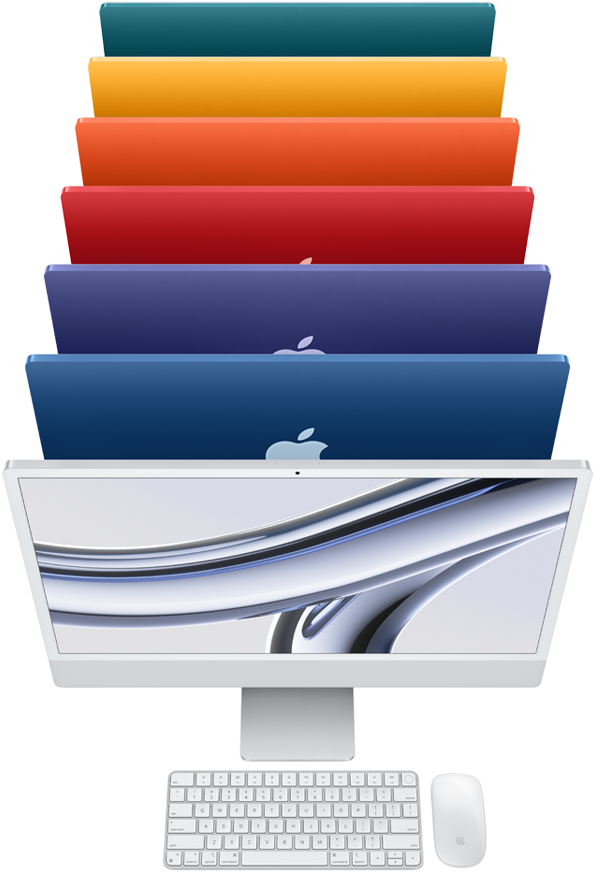 Hình ảnh mặt bên của các máy tính iMac cùng quay sang phải nằm trên một hàng, màu xanh lá, vàng, cam, hồng, tím, xanh dương và bạc.