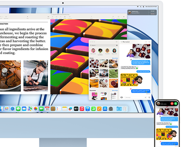 iMac kế bên iPhone, hiển thị tính năng Thông Suốt thông qua việc chia sẻ cuộc trò chuyện tin nhắn văn bản và ảnh giữa iPhone và iMac.