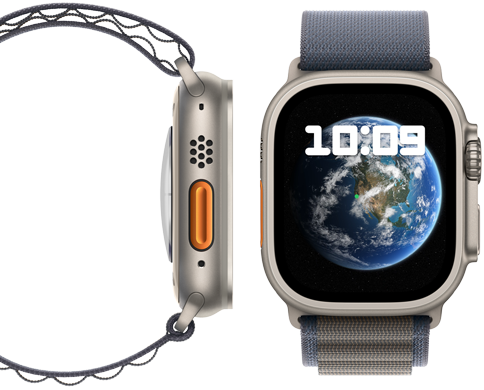 Hình ảnh mặt trước và mặt bên của Apple Watch Ultra 2 trung hòa carbon mới