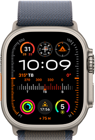 Hình ảnh Apple Watch Ultra 2 gắn vào Dây Quấn Alpine màu xanh dương, hiển thị mặt đồng hồ với GPS, nhiệt độ, la bàn, độ cao và chỉ số luyện tập