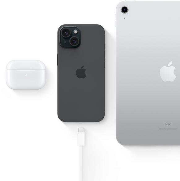 iPhone 15 với đầu nối USB-C, cho thấy đầu nối này có thể dùng được cho AirPods Pro và iPad