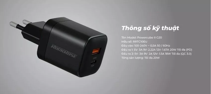 Ảnh của Cốc sạc nhanh ROCKROSE 2 cổng Powercube II G20 Travel Charger (US Standard)