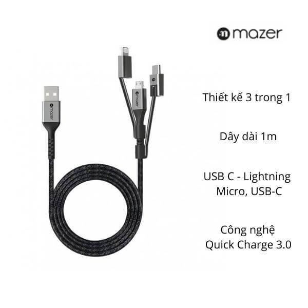 Ảnh của   Dây cáp Mazer 3in1 USB to Lightning / Micro /USB-C 1.0M/3.1A Fast Charging Cable-Black