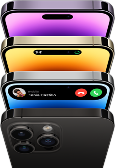 iPhone 14 Pro với bốn màu khác nhau — Đen Ánh Thép, Xanh Dương, Gold và Tía Đậm. Một phiên bản cho thấy mặt lưng của điện thoại còn ba phiên bản khác cho thấy mặt trước của màn hình.