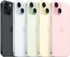 iPhone 15, hình ảnh mặt sau cho thấy hệ thống camera tiên tiến và kính pha màu của tất cả màu máy: Đen, Xanh Dương, Xanh Lá, Vàng, Hồng.