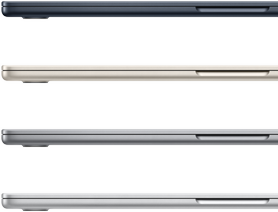 Bốn chiếc máy tính xách tay MacBook Air, đang đóng, thể hiện các màu có sẵn: Đêm Xanh Thẳm, Ánh Sao, Xám Không Gian và Bạc