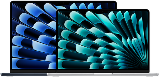 Hình ảnh mặt trước của phiên bản MacBook Air 13 inch và 15 inch thể hiện kích thước của các màn hình khác nhau (tính theo đường chéo)