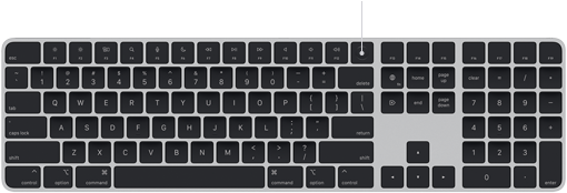 Con trỏ đang chỉ vào cảm biến Touch ID trên Magic Keyboard, ở vị trí trên phím delete