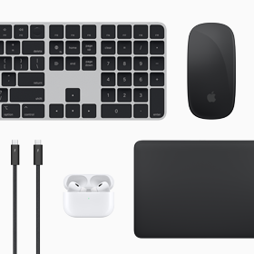 Mặt trên của các phụ kiện Mac: Magic Keyboard, Magic Mouse, Magic Trackpad, AirPods và các loại cáp Thunderbolt