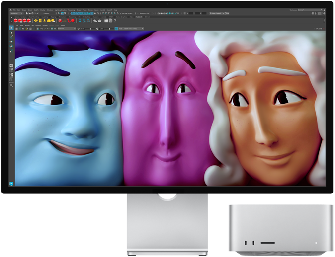 Hình ảnh mặt trước của Mac Studio với Studio Display