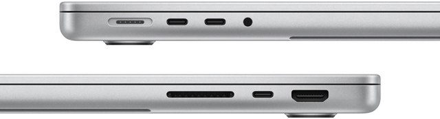 Hình ảnh mặt bên của MacBook Pro 14 inch với chip M3 Pro cho thấy các cổng: bên trái, cổng MagSafe, hai cổng Thunderbolt 4 và jack cắm tai nghe, bên phải, khe thẻ nhớ SDXC, một cổng Thunderbolt 4 và cổng HDMI