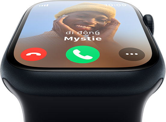 Hình ảnh mặt trước của Apple Watch với màn hình hiển thị cuộc gọi đến.