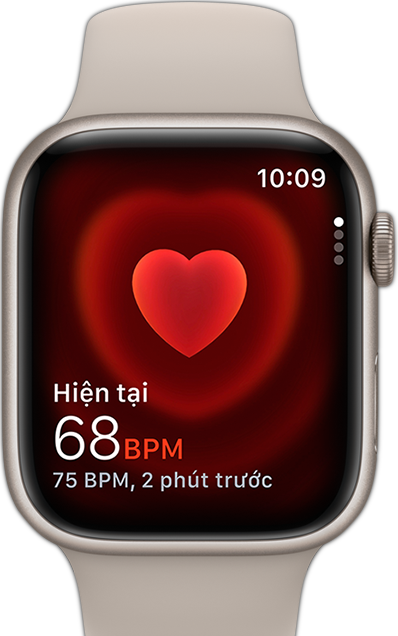 Hình ảnh mặt trước của Apple Watch đang hiển thị nhịp tim của một người.