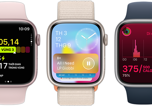 Hình ảnh mặt trước của năm thiết bị Apple Watch thể hiện mỗi thiết bị hiển thị được nhiều thông tin hơn nhờ bản cập nhật Watch OS 10.