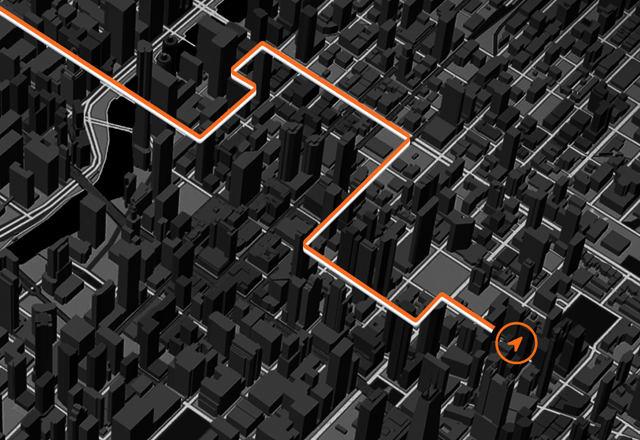 Bản đồ thể hiện tuyến đường được tô sáng xuyên qua môi trường thành phố đông đúc, thể hiện khả năng GPS chính xác