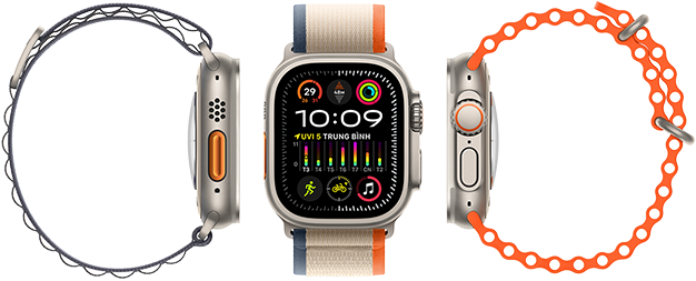 Apple Watch Ultra 2 thể hiện khả năng tương thích với ba loại dây đeo khác nhau, màn hình lớn, vỏ titan chắc chắn, nút tác vụ màu cam và Digital Crown