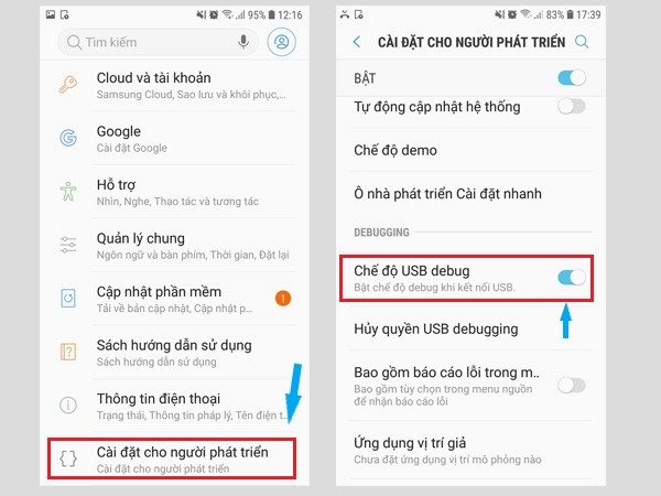 Cài đặt cho người phát triển -> Bật chế độ USB debug.