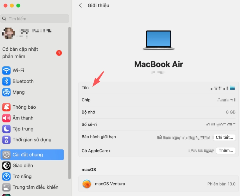 Đổi tên người dùng khi hiển thị chia sẻ của MacBook M2