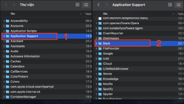 Chọn phần Application Support trong cửa sổ Thư viện và nhấn Dock
