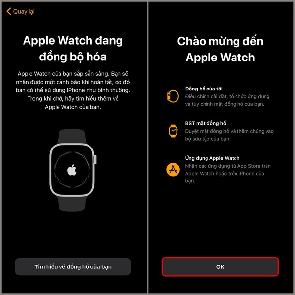 Nhấn "OK" để hoàn tất quá trình đồng bộ Apple Watch Series 8 với iPhone  