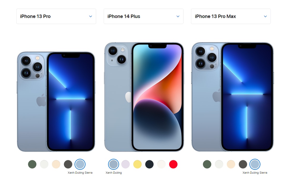 Màu xanh trên iPhone 14 Plus (ở giữa) là màu nhạt nhất trong ba màu và là sự lựa chọn an toàn cho những ai muốn nổi bật