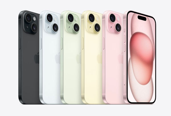 Bộ 5 gam màu của iPhone 15, trong đó, Xanh Lá và Hồng là 2 gam màu mới, tạo cảm giác trẻ trung và năng động cho người dùng