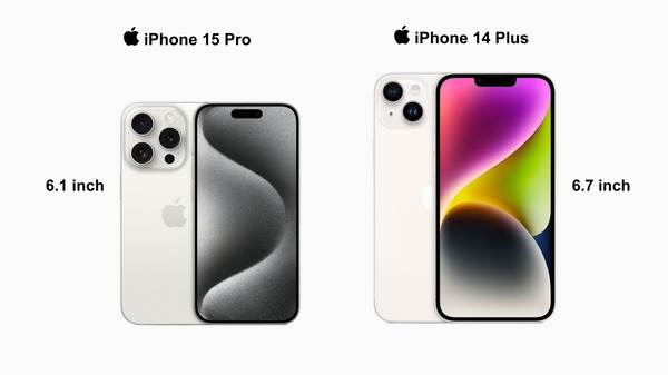 iPhone 14 Plus có kích thước lớn và trọng lượng nặng hơn so với iPhone 15 Pro