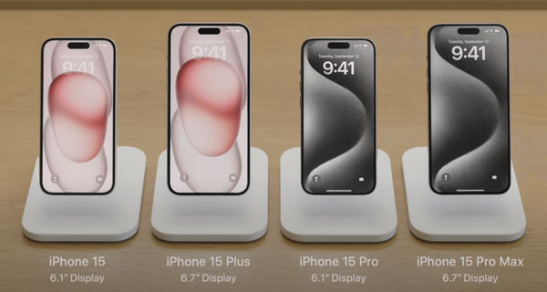 iPhone 15 Plus, iPhone 15 có kích thước 6,1 inch và iPhone 15 Pro, iPhone 15 Pro Max có kích thước 6,7 inch